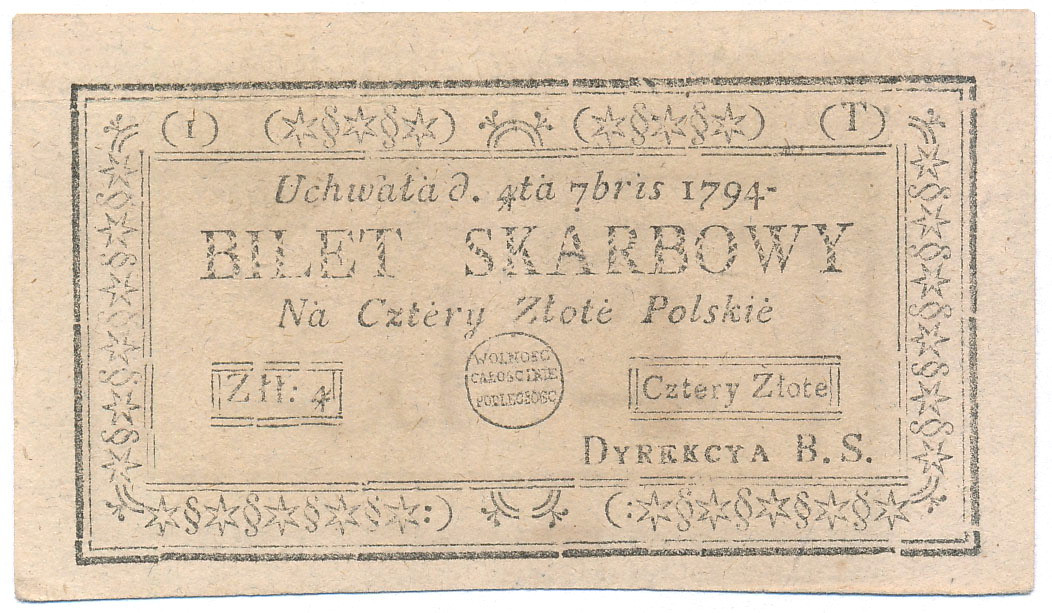 Insurekcja Kościuszkowska. Bilet skarbowy 4 złote polskie 1794 seria 1-T